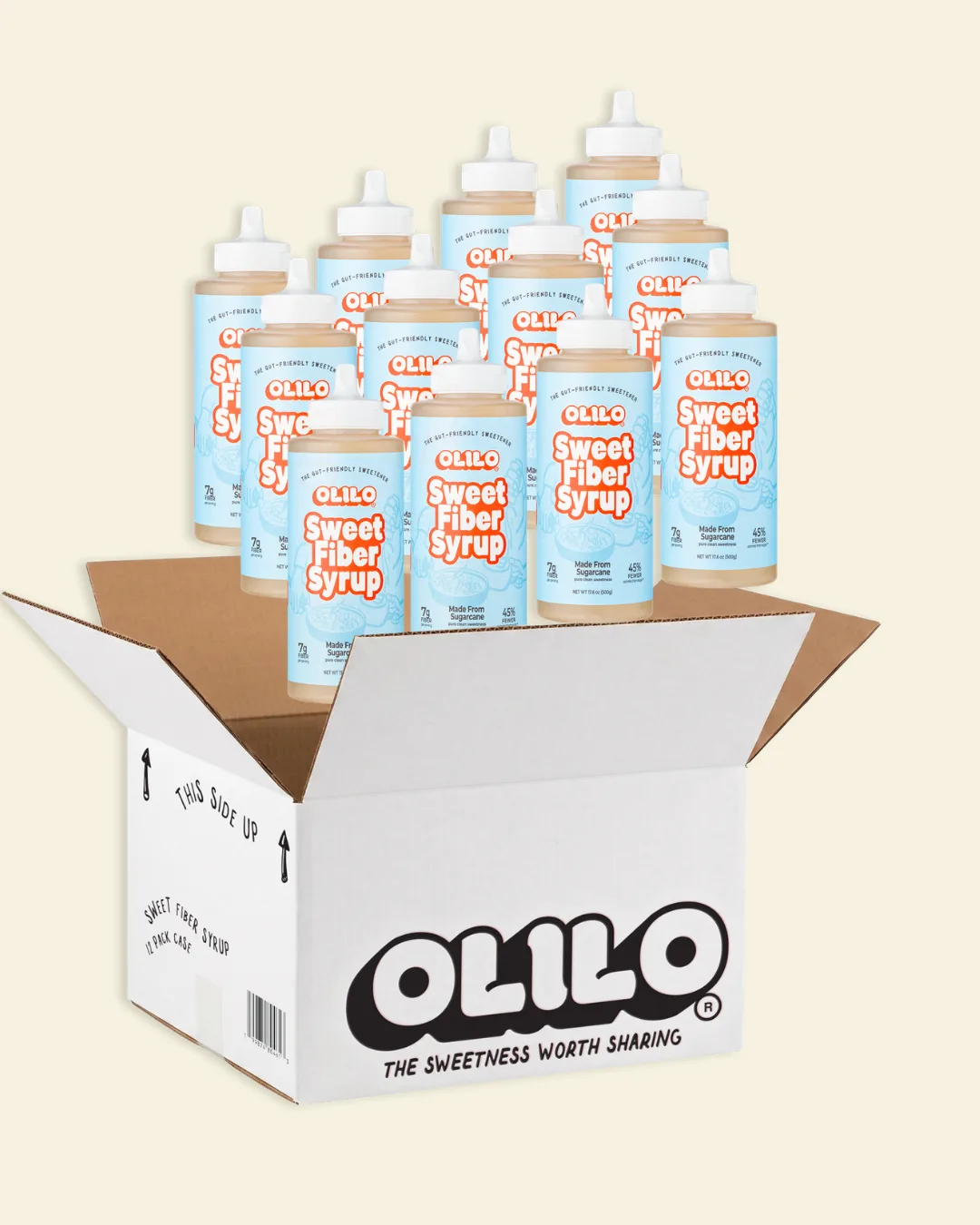 A 12-pack case of OLILO Sweet Fiber Syrup bottles — a full year of OLILO